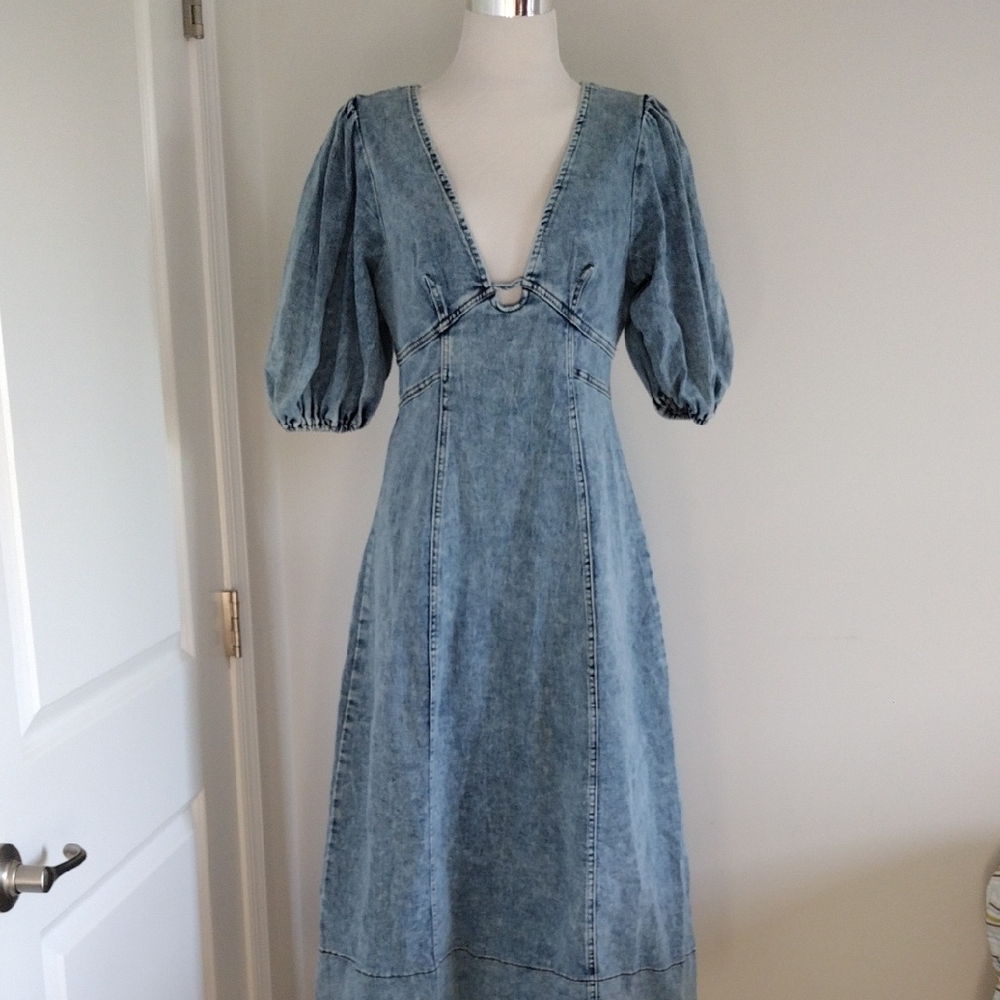Elegant Blue Denim V-Neck Long  Dress Size L